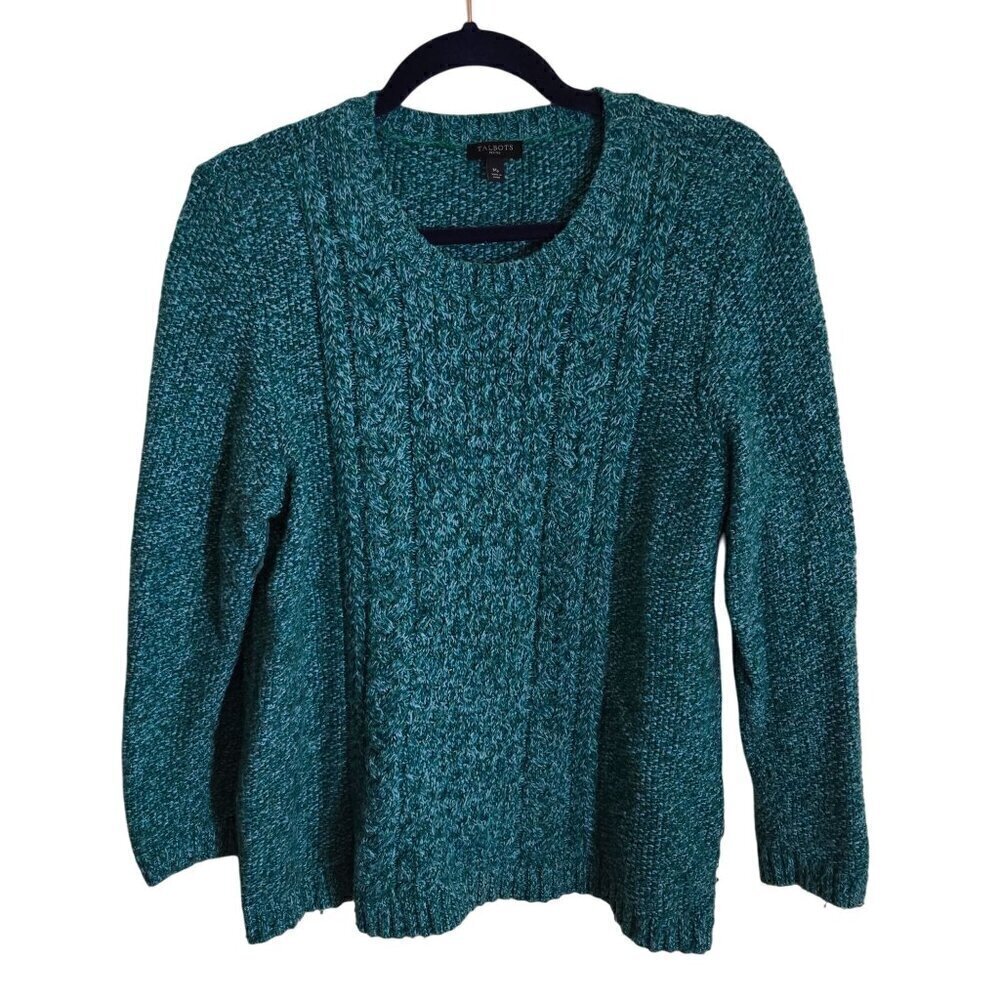 Talbots Cable Knit Teal Marled Merino Wool Side Zip Tunic Sweater Size Mp